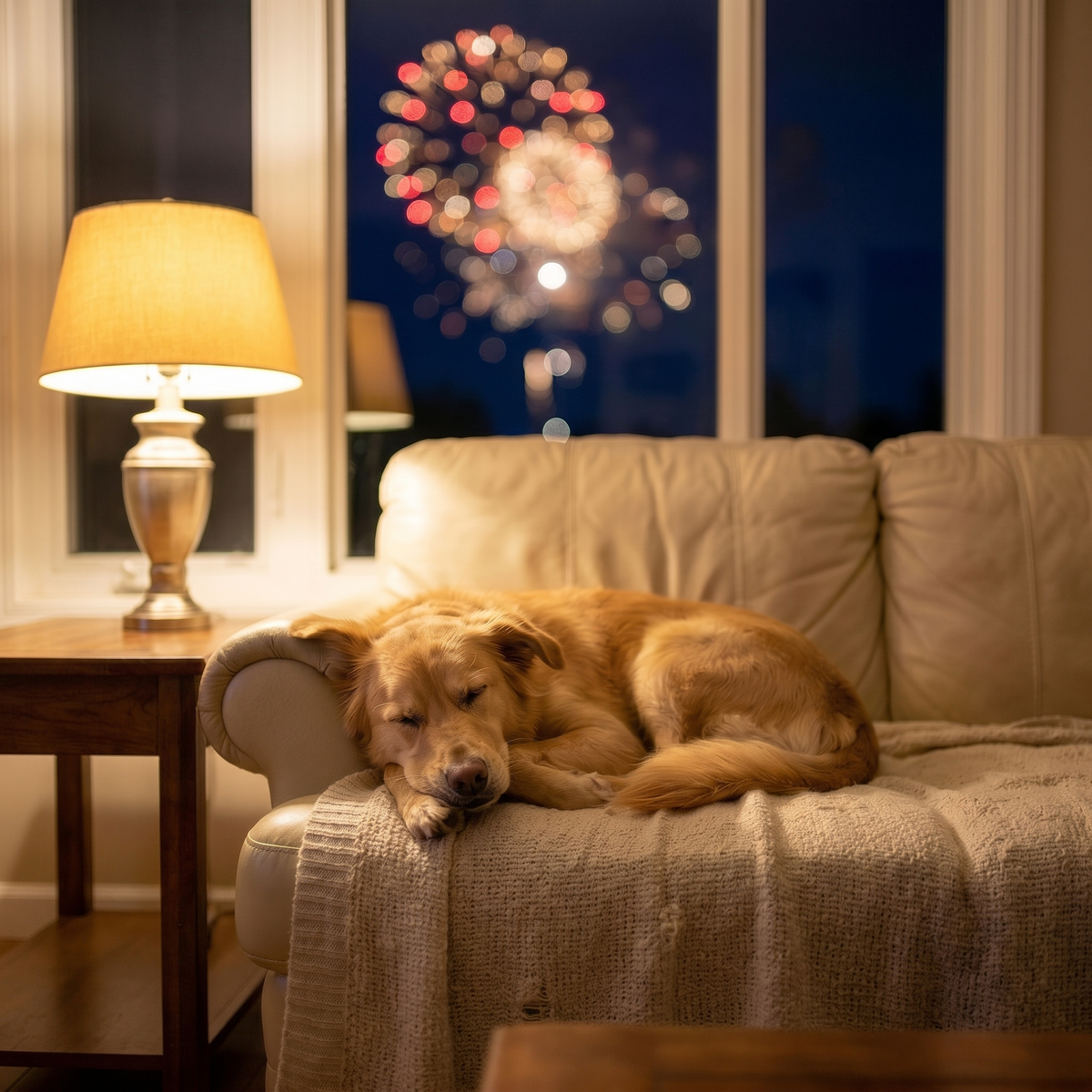Calm dog resting on a couch while fireworks bloom outside the window