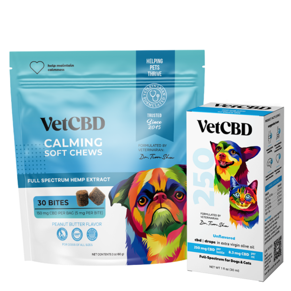 VetCBD Starter Bundle 250mg tincture and 30 count calming chews