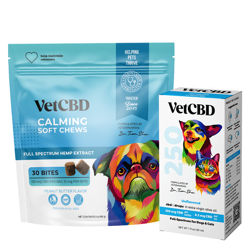 VetCBD Starter Bundle 250mg tincture and 30 count calming chews