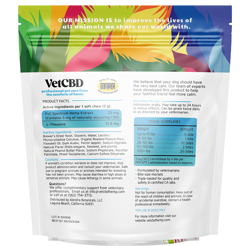 VetCBD 30 count Calming Soft Chew Product Info for Dogs